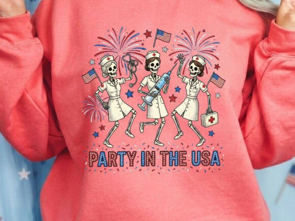 Nurse Skeleton Party USA Rhinestone Tshirt: A Bold Design Asset