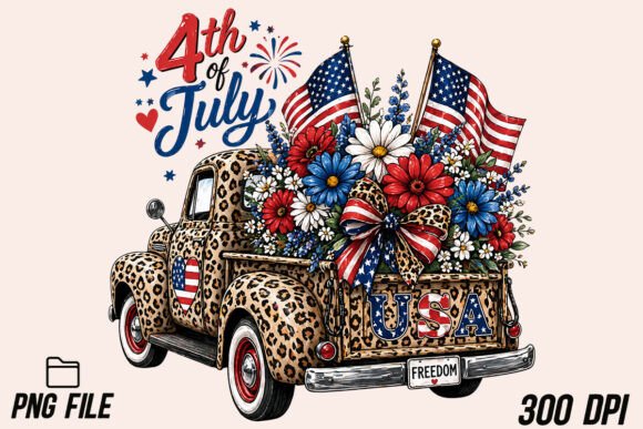 Patriotic Flower Truck 4th of July PNG: A Design Asset for Festive Projects